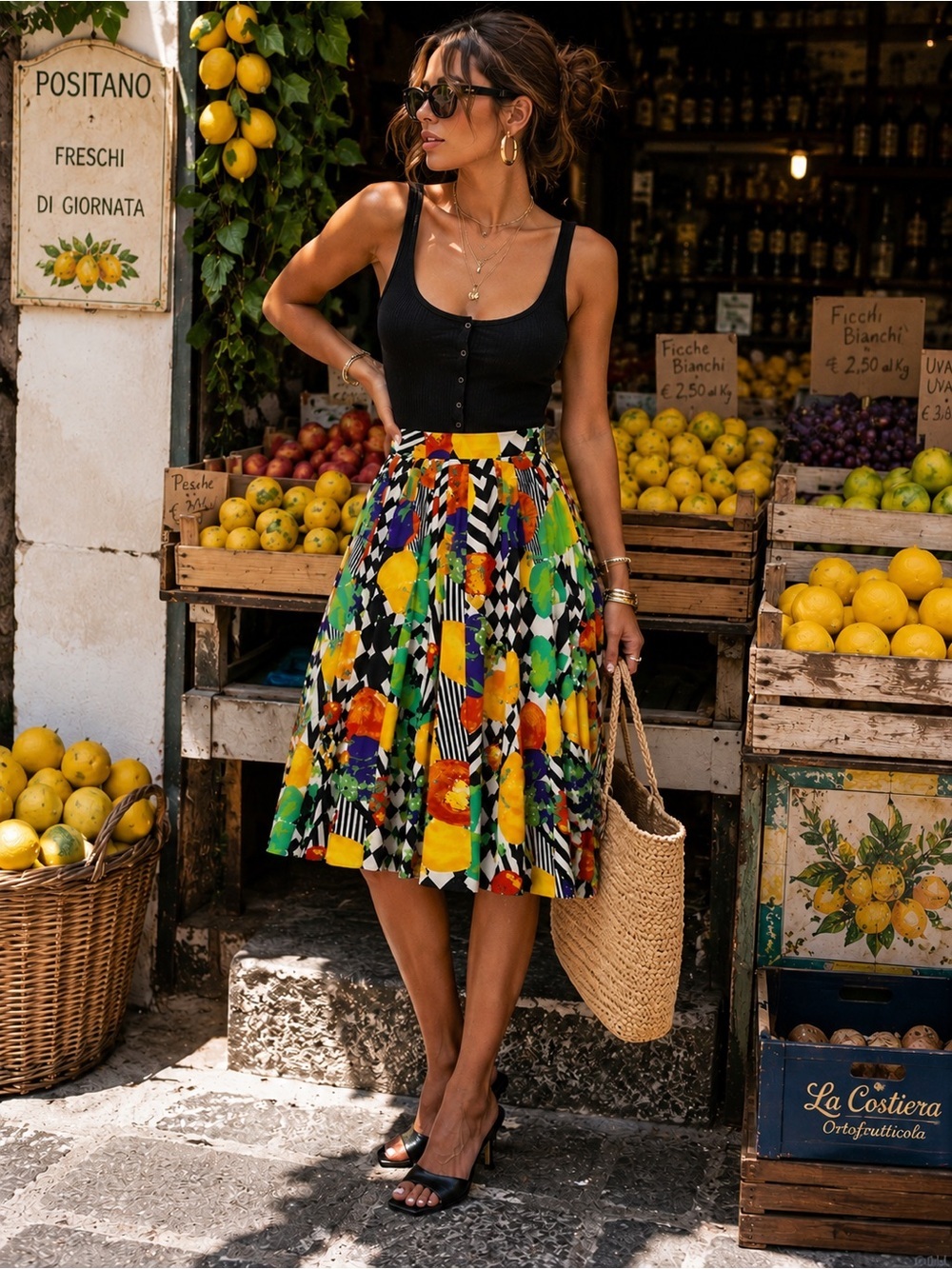 Reldan Vintage Style Women’s Mixed Fruit & Geometric Pattern Midi Skirt Size 10